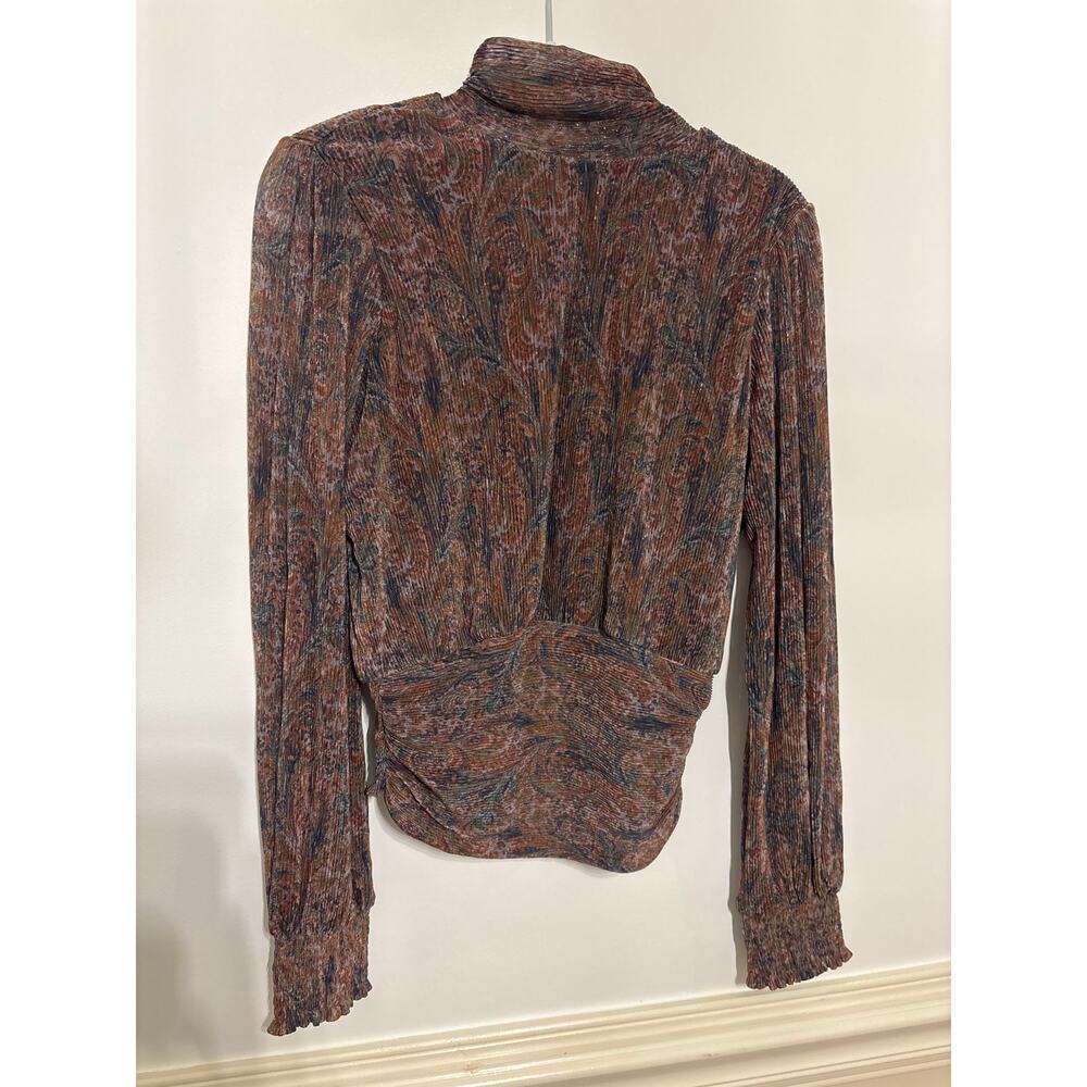 Joie Brocade High-Neck Smocked-Waist Girly Blouse Brown Paisley Medium